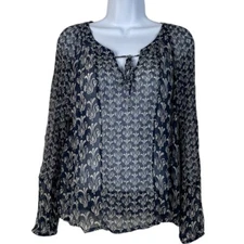 John Robshaw Lucky Brand Women's Small Long Sleeve Blouse Navy Blue Sheer Silk