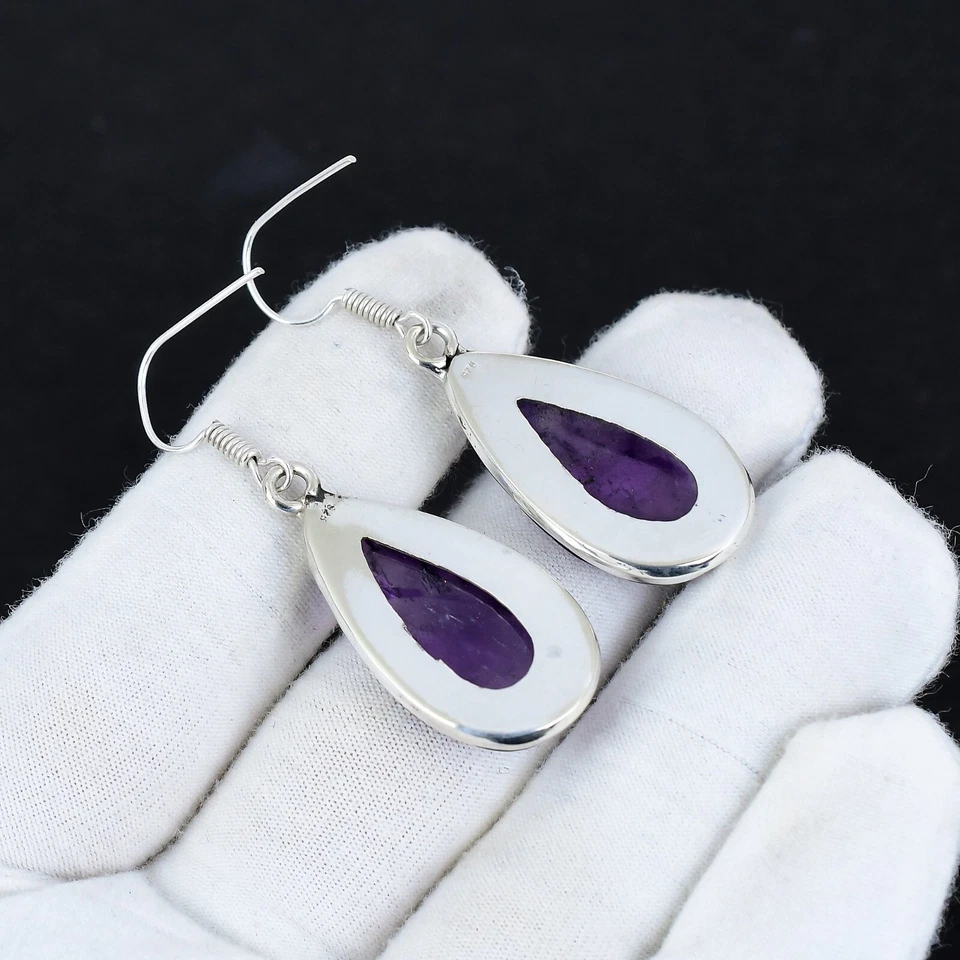 Naturale Ametista Gemma Orecchini 925 Argento Sterling Mano Gioielli per Regalo - Immagine 3 di 4