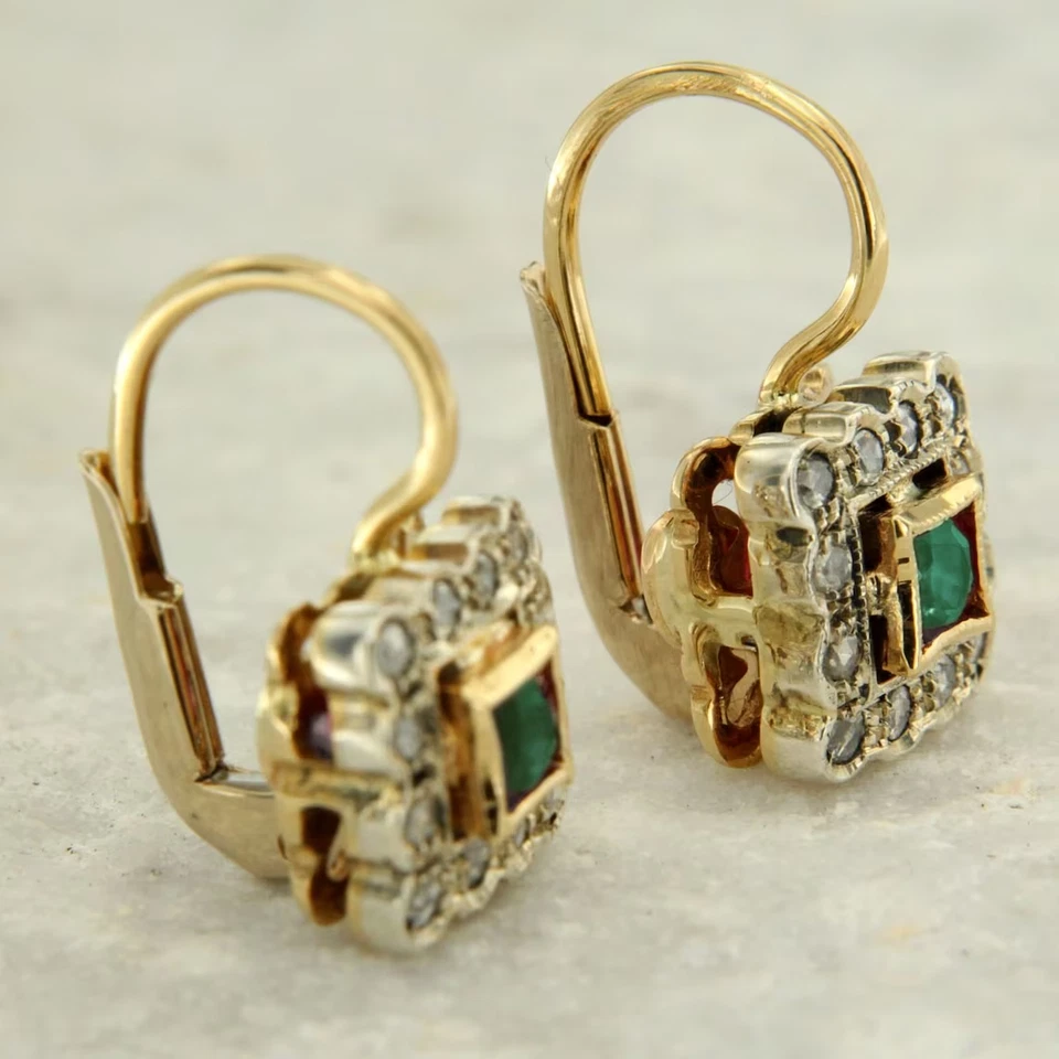 3Ct Round Lab Created Emerald Vintage Leverback Earrings 14K Yellow Gold Finish - Image 2 of 3