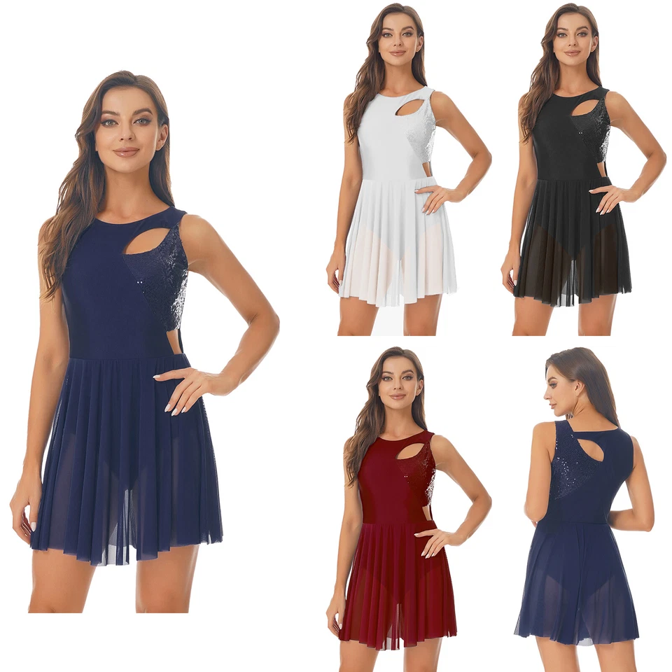 IEFIEL Damen Funkelnde Pailletten Eiskunstlauf Kleider Ärmellos Lyrische Tanz Kostüm