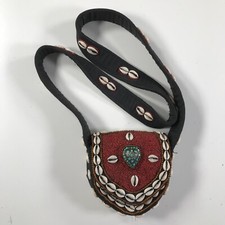 Vintage Beaded Tribal Bag Red Orange White Shells Sterling Silver Turquoise
