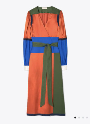Tory Burch★COLORBLOCK SATIN DRESS Tory Burch Wrap Dress Multicolor Colorblock Silk Satin Long