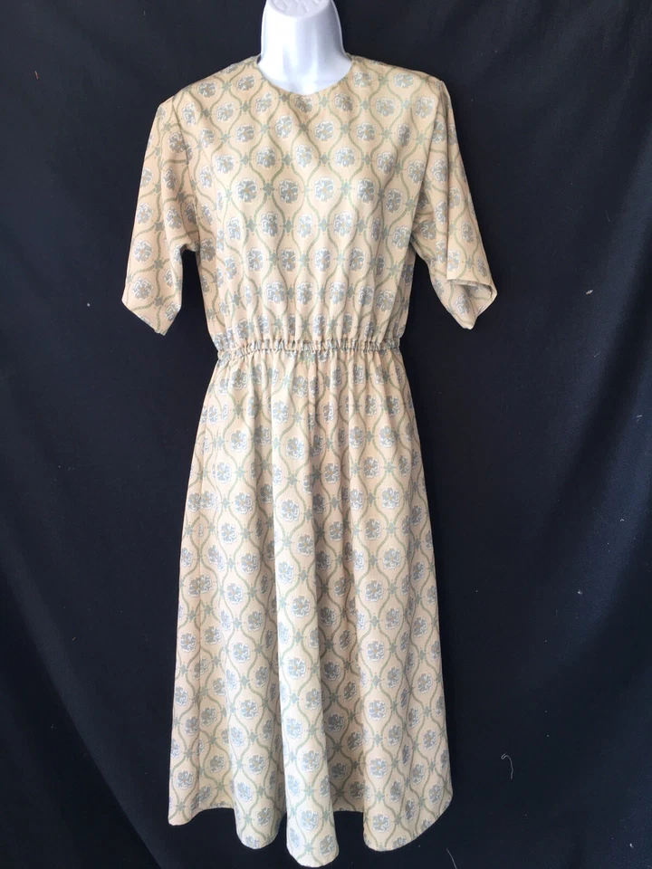 Vestido De Colección Años 60 70 Día Casa Talla M Manga Corta Línea A Rockabilly Beige Tostado Foto 2 de 4