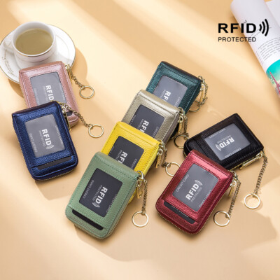 Women RFID Credit Card Holder Wallet with Keychain ID Window Small Zip Card Slot