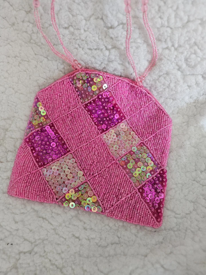 Cartera pequeña de lentejuelas y cuentas con mango rosa botón a presión completa L 11,5" sin marca Foto 4 de 4