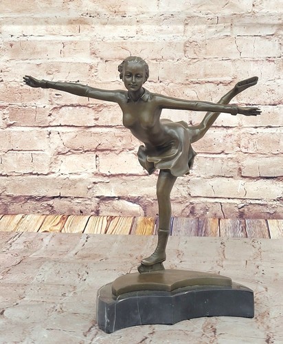 Art Deco Hand Made Ice Skater Sport Trophy Bronze Sculpture Marble Base Gift NR - Picture 3 of 10