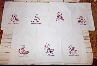 Sleeping Partners 7 Days of T Towels Kitty Cat Embroidered Cotton Covers Doilies