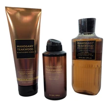 Bath & Body Works Mahogany Teakwood Body Spray, Gel, Body Cream 3pc Gift Set