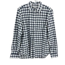 American Apparel Plaid Flannel Shirt Mens Small Long-sleeve Button-up White Blue