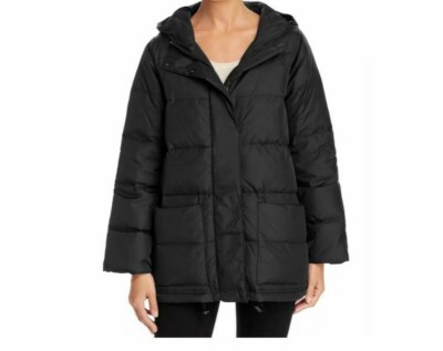 $448 Eileen Fisher Hooded Down Puffer Jacket Coat Black Size LRG NWT 