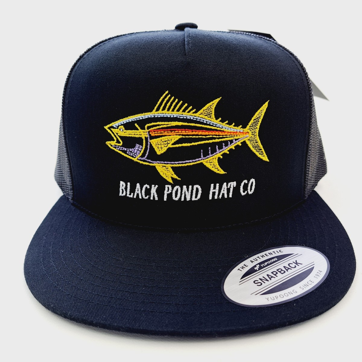 Black Pond Tuna Fish Flat Bill Mesh Snapback Embroidered Cap Hat