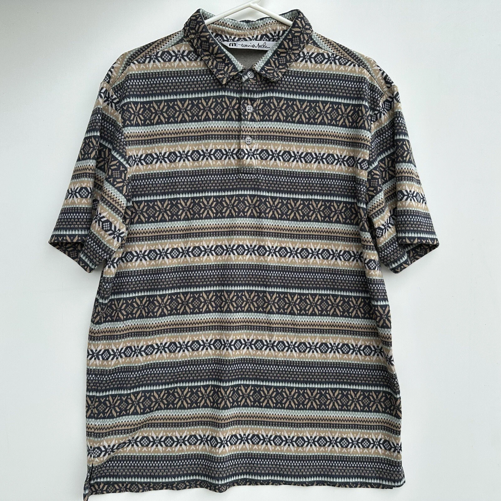 TRAVIS MATHEW Golf Polo Shirt Size Large Short Sleeve Blue Tan Green VGUC