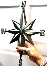Vintage Style Rustic Iron Antiqued North Star Compass Nautical Wall Art 14"x10"