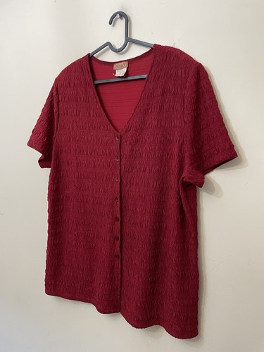 Kim Co blouse red short sleeve button v-neck ruffled stretchy formal size 2XL - Picture 4 of 10