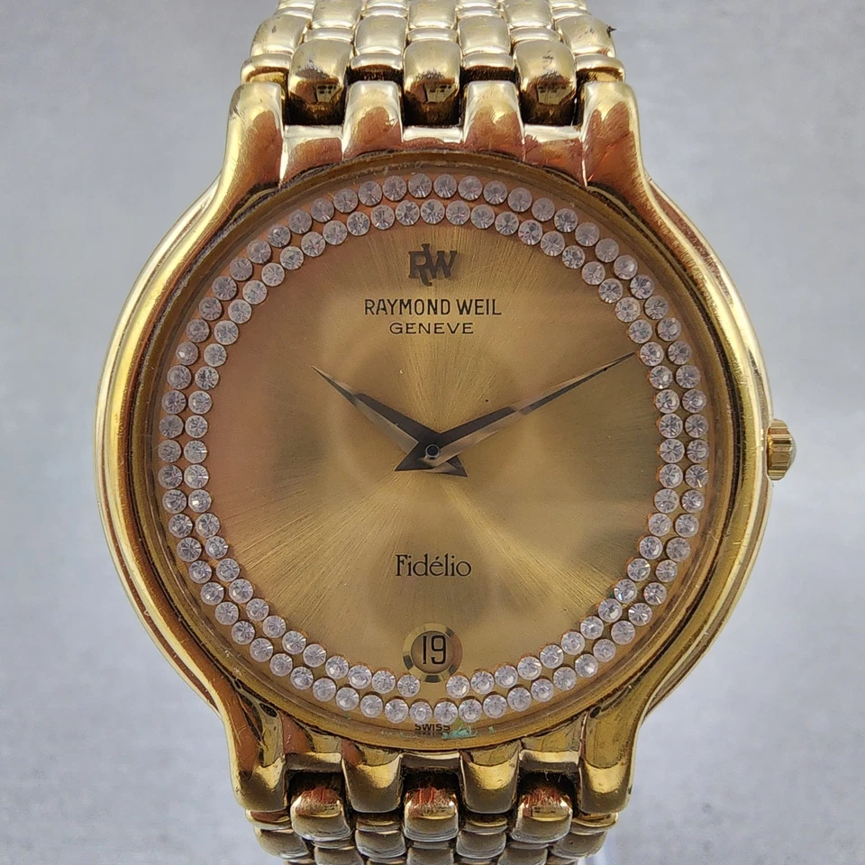 Relógio masculino Raymond Weil Fidelio 32 mm mostrador dourado data folheado a ouro 4802 nova bateria - Imagem 2 de 4