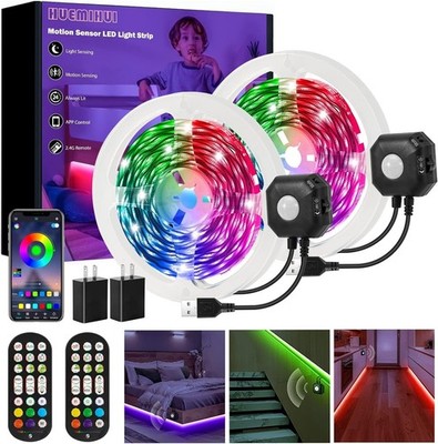 Motion Sensor Under Bed Lights,2x13.12Ft RGB Color LED Strip Lights with Cons...