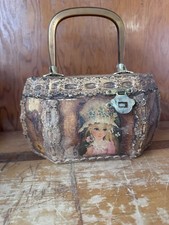 Vtg Decoupage Wood Octagon Purse Handbag Box Ladies  Butterflies Lucite Handle