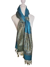 Vintage Pashima And  Silk Emerald And Gold Paisley Print Scarf Wrap Shaw Tassels