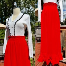 Vintage 70s Bright Red Ruffled Her Majesty Velour Maxi Skirt with Rushed Waist