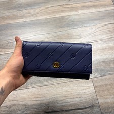 Gucci Navy Blue Leather Wallet with Gold Tone...