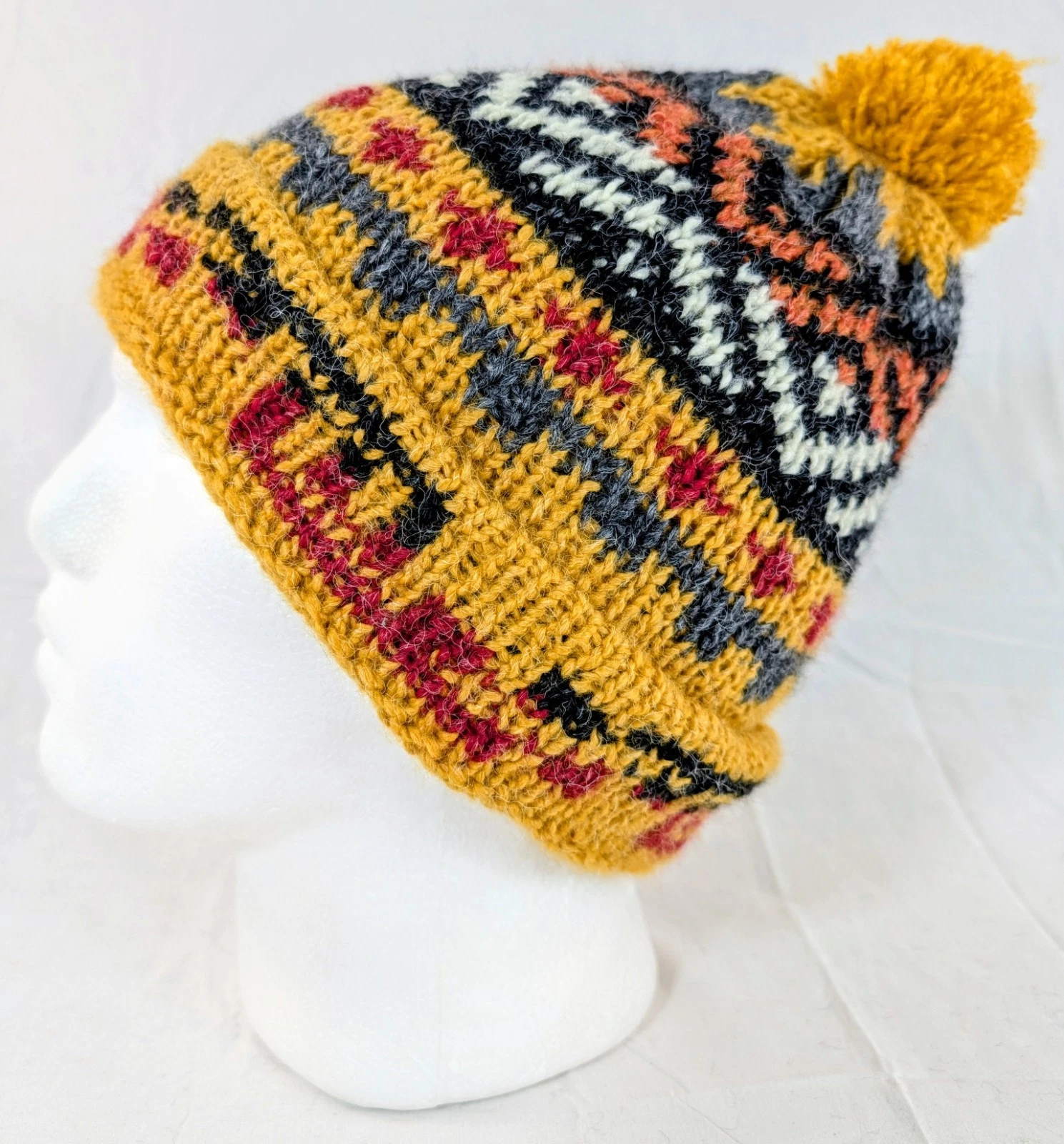 Colorful Soft Alpaca Beanie Pom Pom Handmade Yellow Unisex Boho Peru