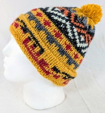 Colorful Soft Alpaca Beanie Pom Pom Handmade Yellow Unisex Boho Peru
