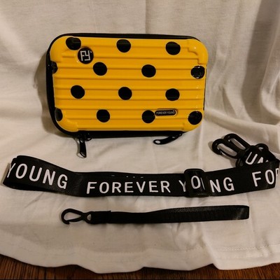 New Forever Young Yellow Black Polka Dot Plastic Mini Suitcase Style...