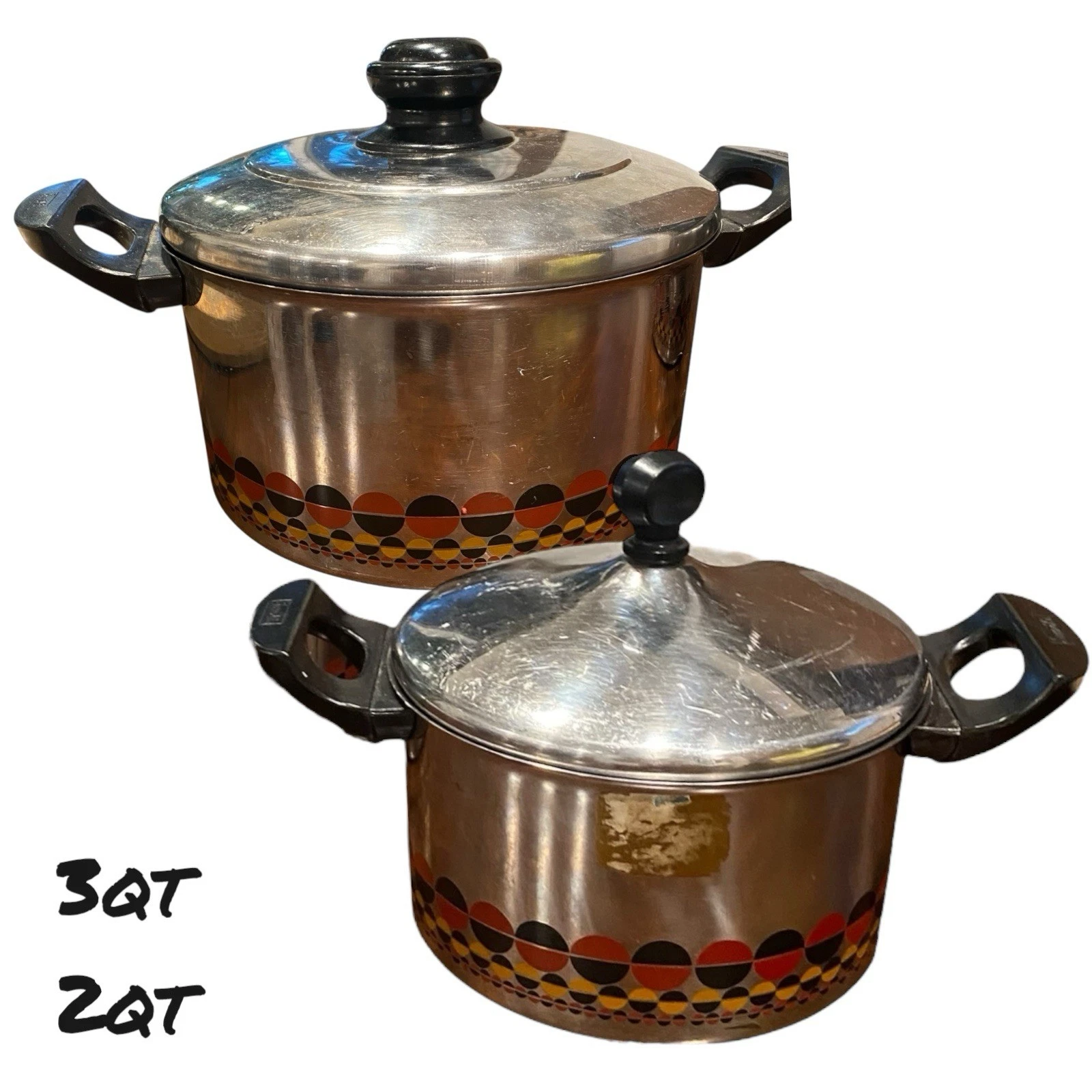 VTG 70's Suridha Stainless Steel Pot 3qt 2qt Set 2pc with Lids Retro Solar Dot