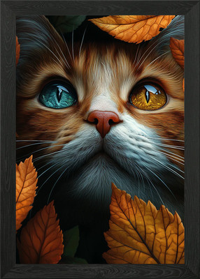 Gerahmtes Wandbild Poster Leinwanddruck Bild Herbstblätter und orange getischte Katze
