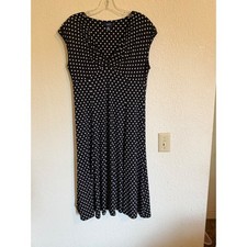 Chaps Womens Black White Polka Dot V-Neck Empire Waist Midi Dress Large