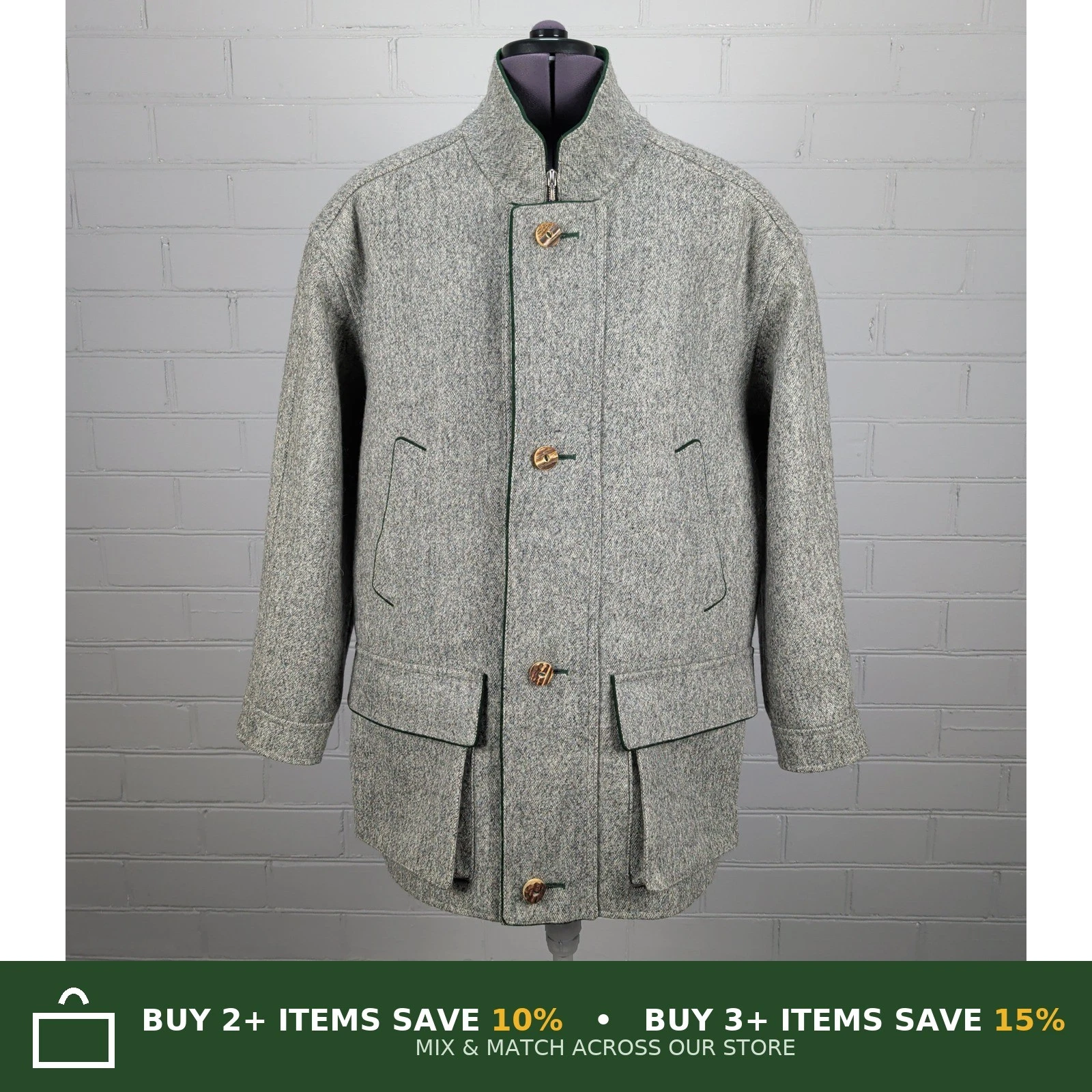 Erzherzog Johann Loden Coat Grey Wool Stand Collar Zip Horn Buttons Mens UK 42