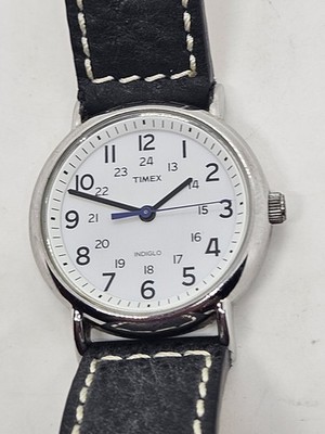 Timex 'Indiglo' Quarz Edelstahl Herren Armbanduhr Weiß Ziffernblatt Lederarmband