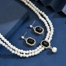 Elegant Pearl Necklace Earrings Set with Black Crystal Accent Bridal Jewelry