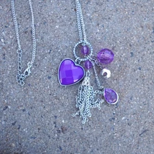 Purple Charm Pendant Necklace Silver Chain Heart Crystal Tassel Y2K Fairycore 