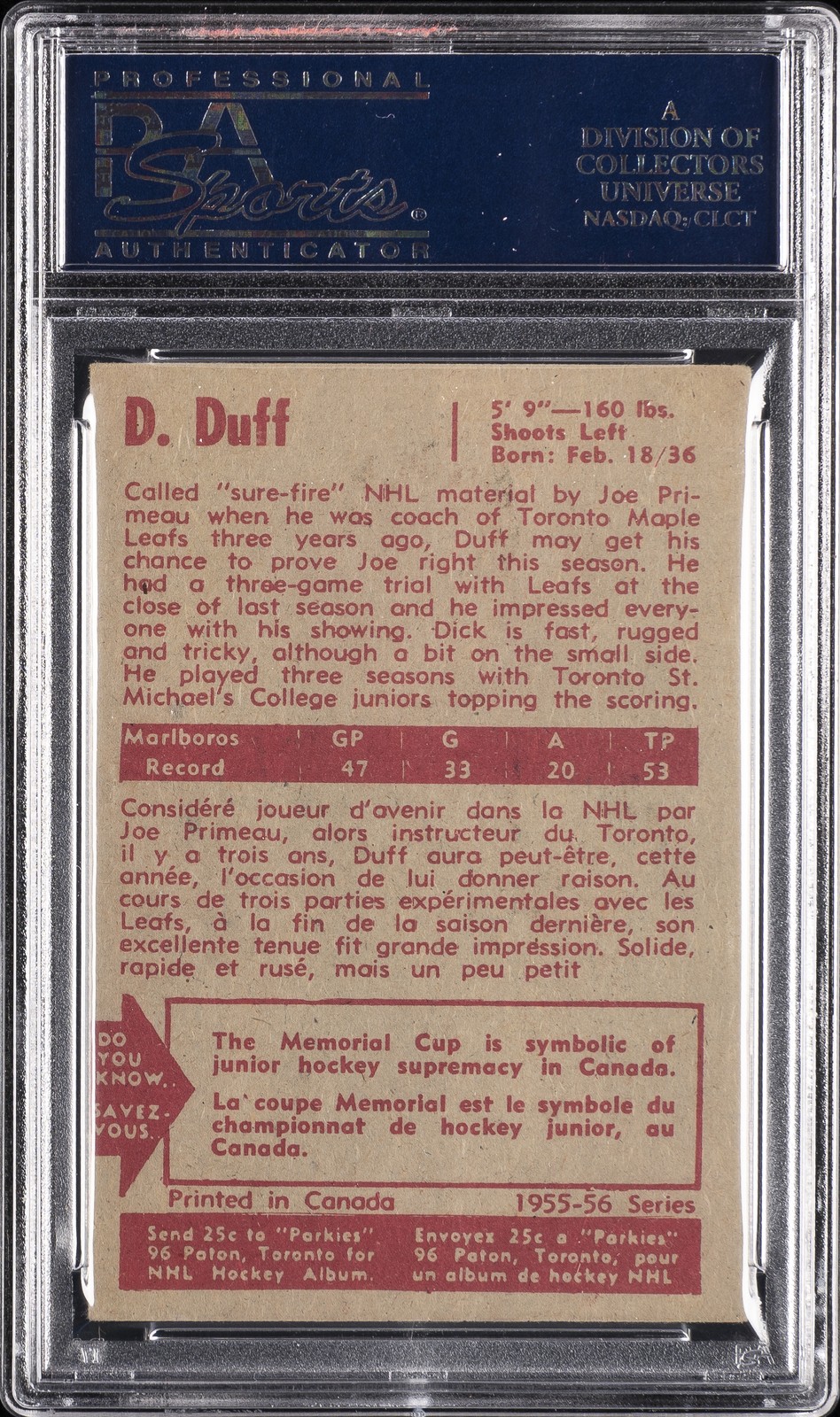 1955 PARKHURST #18 DICK DUFF ROOKIE (RC) PSA 4 AUTO AUTH view 2