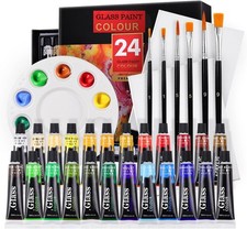 24 Colors Stained glass paint with 6 Brushes and 1 31 Piece Set, berry