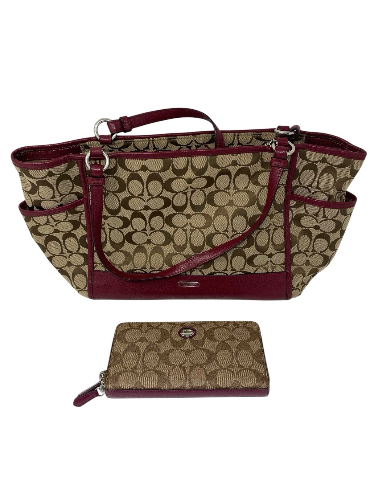 Preowned Coach Signature Carrie Tote with Zipper Wallet in Khaki F28728