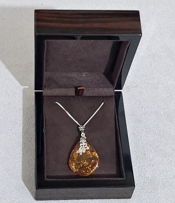 925 Sterling Silber Freiform Baltischer Bernstein mit Blumenmuster Anhänger Halskette