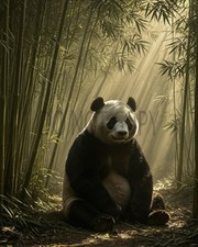 Giant Panda Bamboo Forest Sunbeams Misty Jungle Wildlife Art Print
