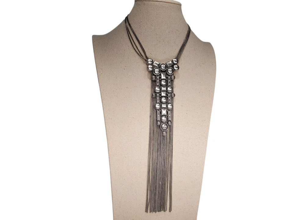 Retro Chicos Runway Silver Tone Brutalist Cascading Tassel Bib Stmt Necklace - Image 2 of 4
