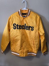Pittsburgh Steelers Men's Small Satin Bomber Jacket Snap Button Yellow Back Logo