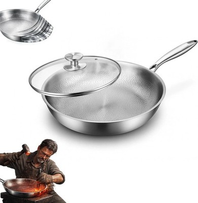 Pure Titanium Hammered Frying Pan with Lid, 12 Inch Skillet, No Coating Cookw...