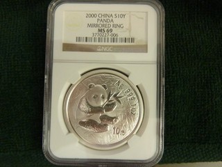 2000 CHINA SILVER PANDA MIRRORED RING 1 OZ. NGC MS69 10 YUAN
