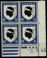 FRANCE 1946 ARMOIRIES CORSE Bloc X 4   YT n° 755 Neuf ★★ luxe / MNH CD 3.6.46