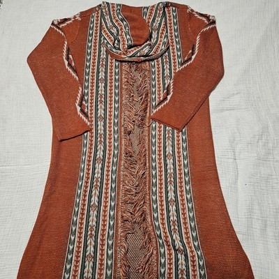 Rock & Roll Denim Aztec Rust Fringe Cardigan Sweater Hooded Duster - Size XXL