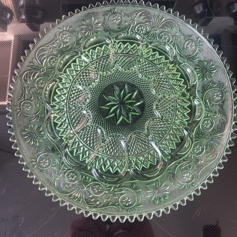 Vintage Indiana Glass Chantilly Tiara Green Saw Tooth Deviled Egg Platter 12"