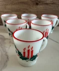 Vintage Hazel Atlas Milk Glass Christmas Candle Holly Mugs Set of 6 MCM