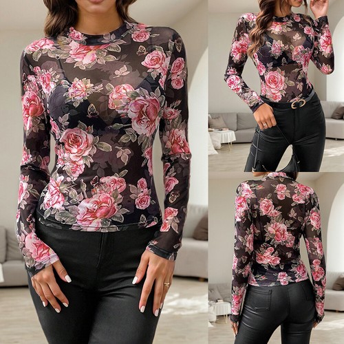 Womens Slim Fit Round Neck Pullover Plant&Flowers Mesh Long Sleeve T-shirt Tops