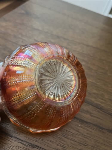 Hazel Atlas Diamond Point Scalloped Bowl Marigold Iridescent Carnival Glass - Picture 3 of 4