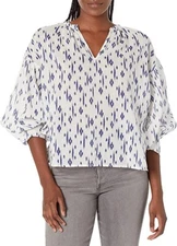 VELVET By Graham & Spencer Stella Ikat Print Long Sleeve Blouse Navy S $119 E2